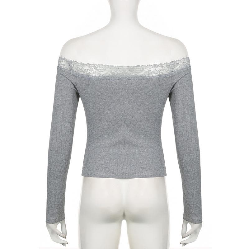 Long sleeve off shoulder ribbed heart pattern lace hem top