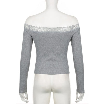 Long sleeve off shoulder ribbed heart pattern lace hem top