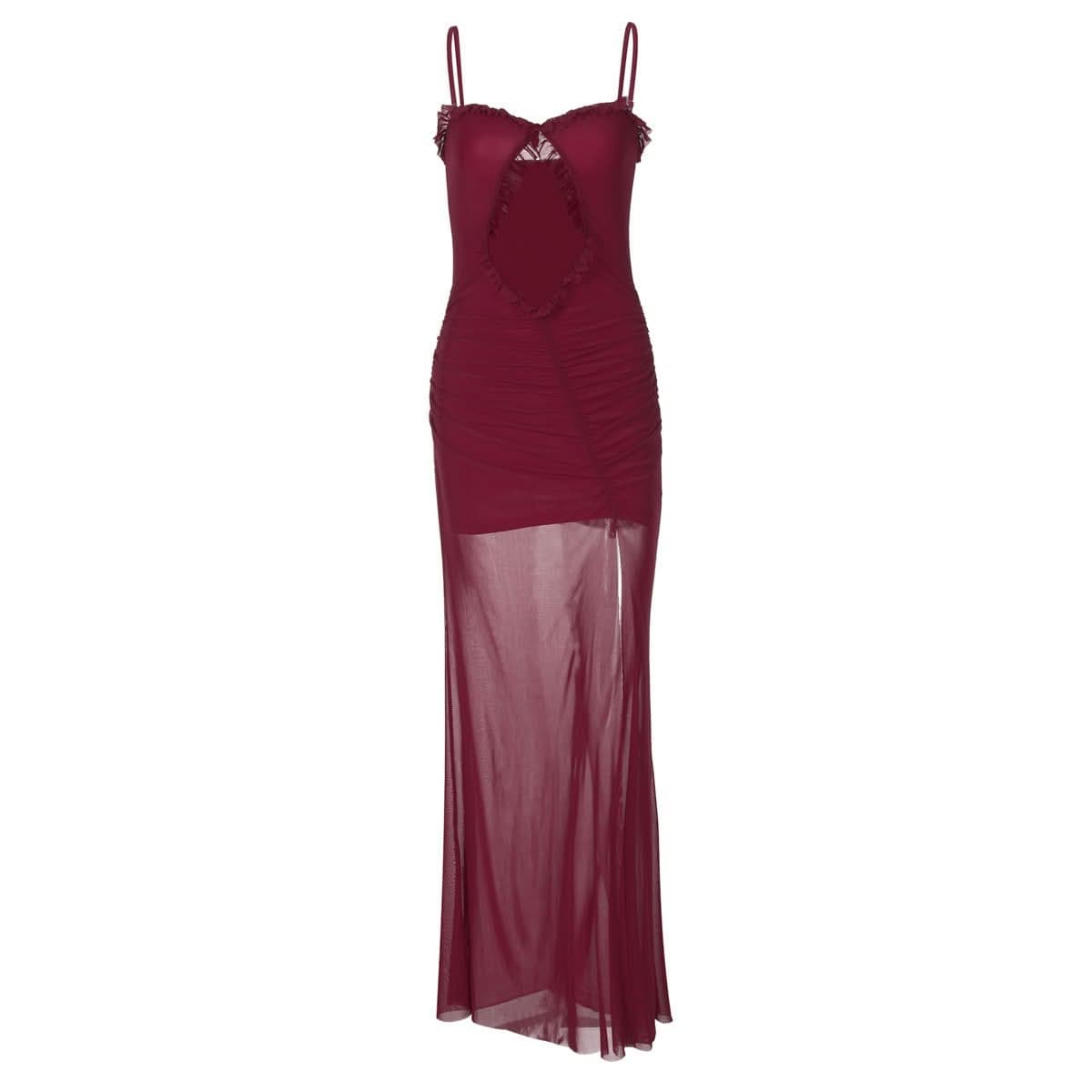 Hollow out mesh ruffle ruched cami cut out maxi dress-final-sale