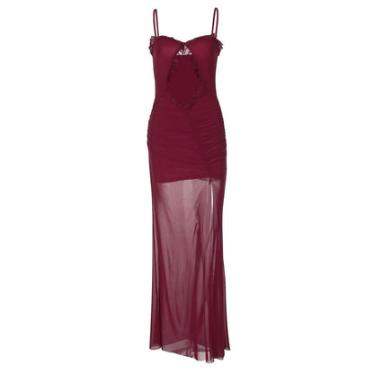 Hollow out mesh ruffle ruched cami cut out maxi dress-final-sale