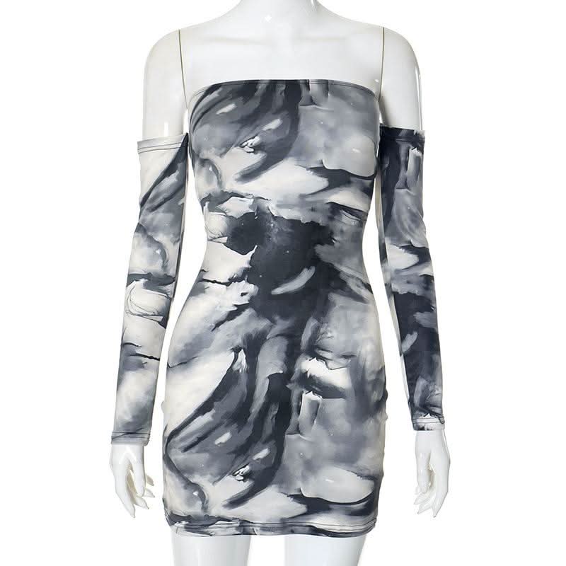 Off shoulder tie dye print long sleeve mini dress