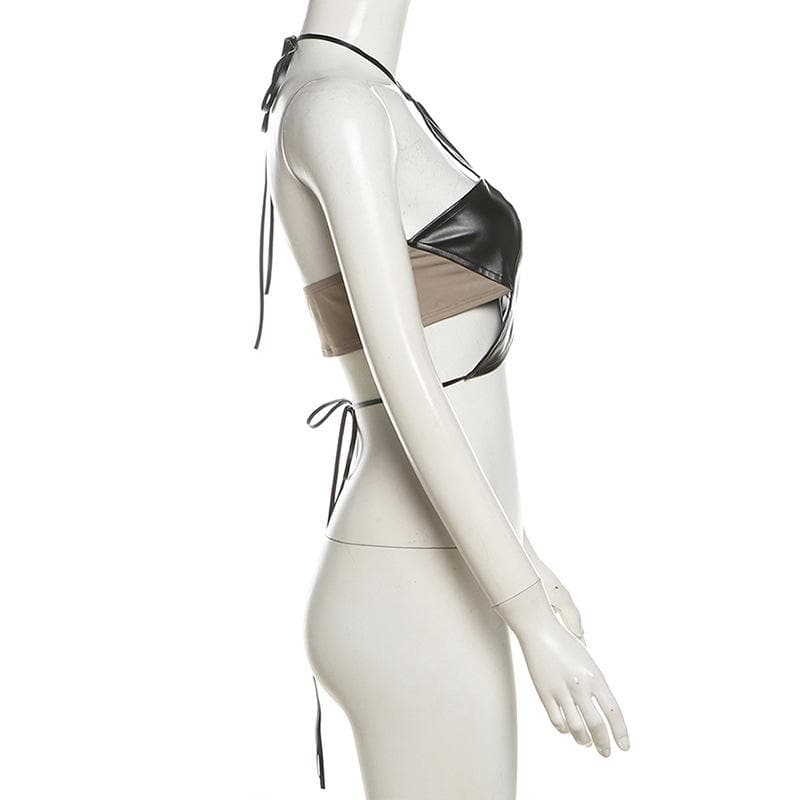 Halter PU leather star pattern backless crop top