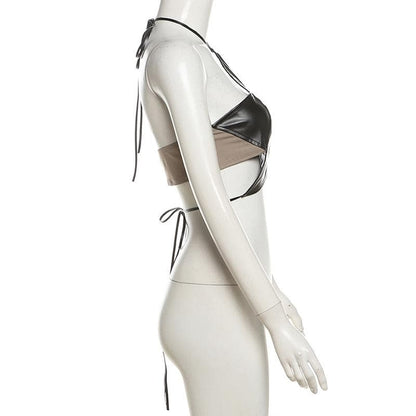 Halter PU leather star pattern backless crop top