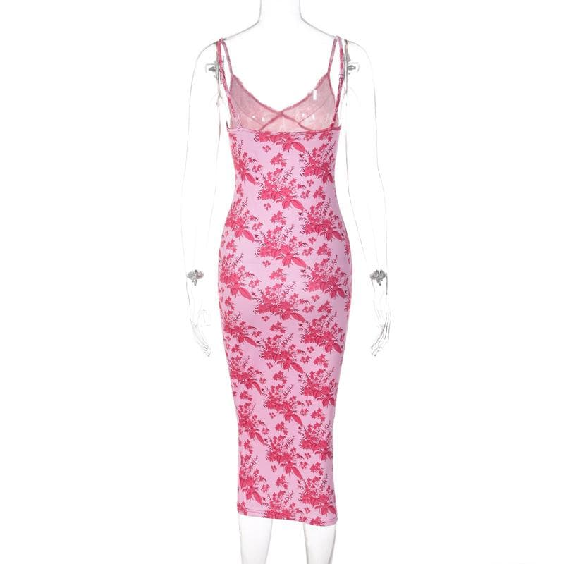 Floral Print Lace Trim Spaghetti Strap V Neck Bodycon Midi Dress