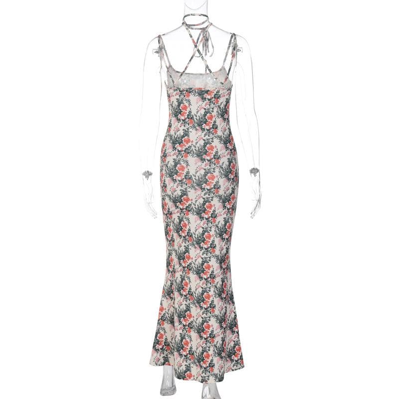 Floral Print Spaghetti Strap Scoop Neck Tie Neck Bodycon Maxi Dress