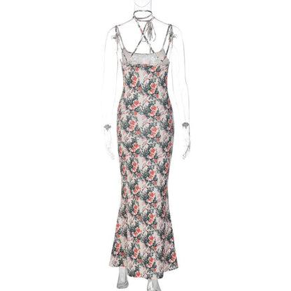 Floral Print Spaghetti Strap Scoop Neck Tie Neck Bodycon Maxi Dress