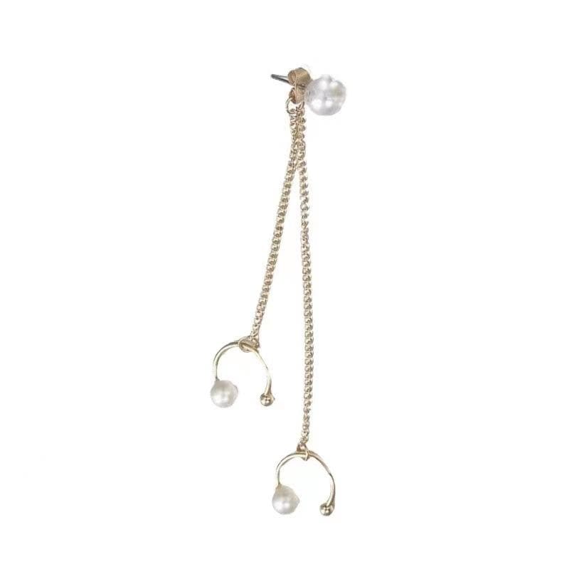 Faux pearl layered metal chain stud earrings