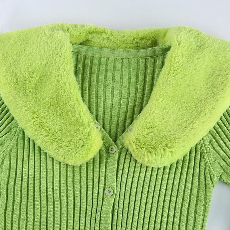 Button fluffy turnover collar knitted long sleeve cardigan top