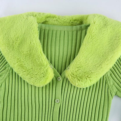 Button fluffy turnover collar knitted long sleeve cardigan top