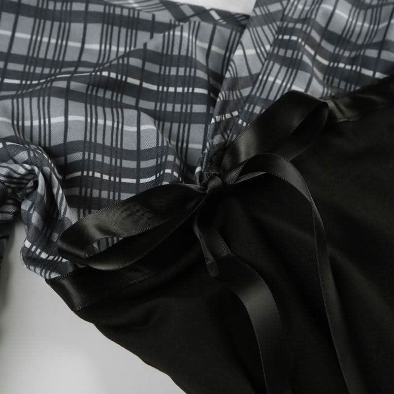 Long sleeve striped print v neck bowknot ribbon top