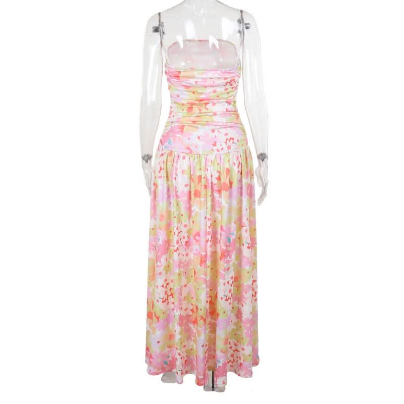 Ruched flower print backless tube maxi dress