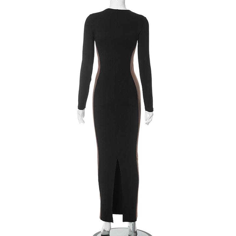 Contrast Side Panel Crew Neck Long Sleeve Bodycon Maxi Dress