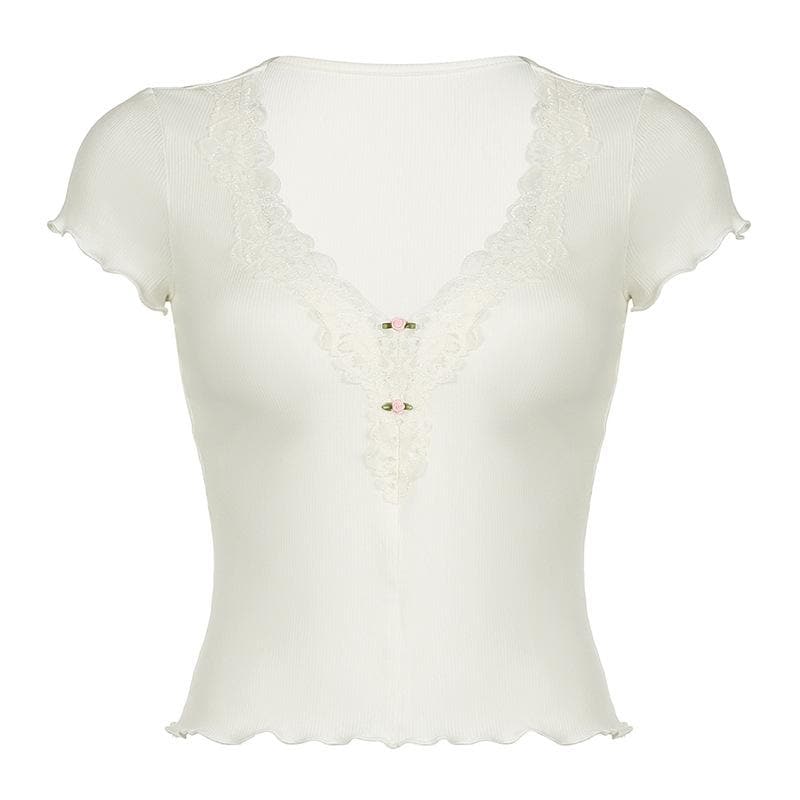 Short sleeve v neck ruffle lace hem ribbed top