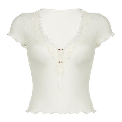 Short sleeve v neck ruffle lace hem ribbed top