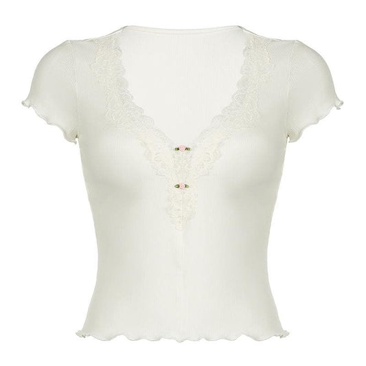 Short sleeve v neck ruffle lace hem ribbed top