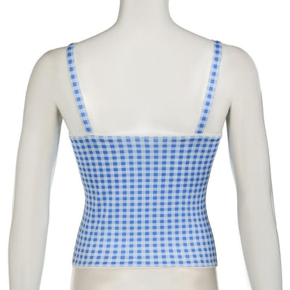 Lace hem plaid backless bowknot cami top