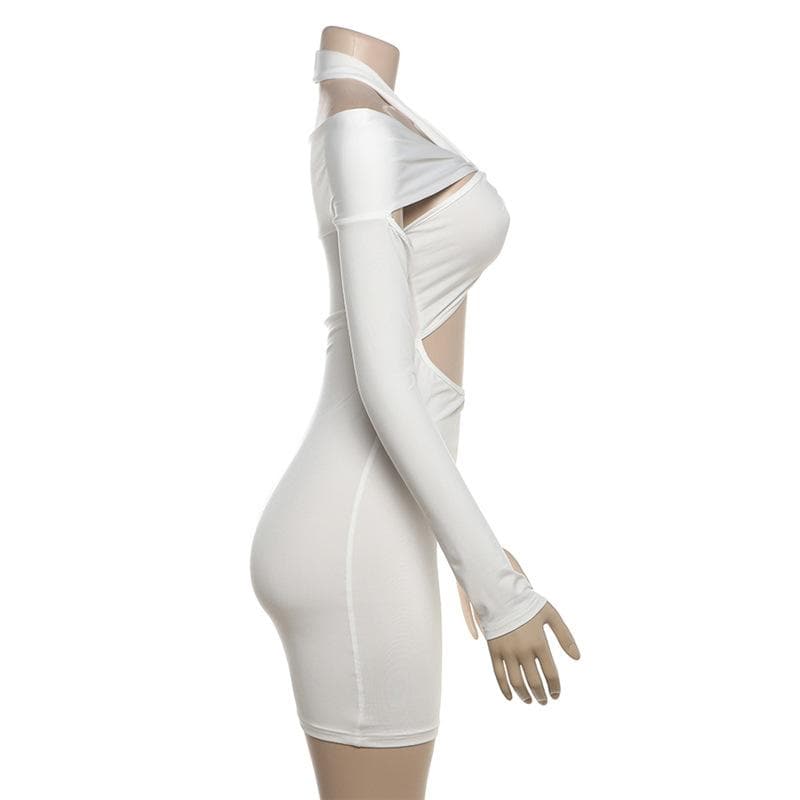 Long sleeve halter hollow out solid cut out mini dress