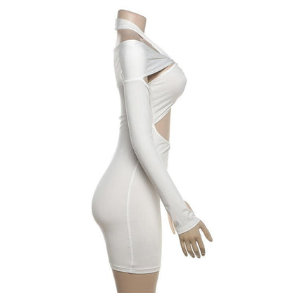 Long sleeve halter hollow out solid cut out mini dress