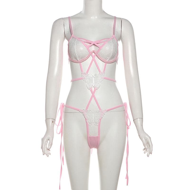 Lace butterfly pattern cross front hollow out cami bodysuit
