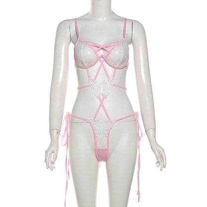 Lace butterfly pattern cross front hollow out cami bodysuit