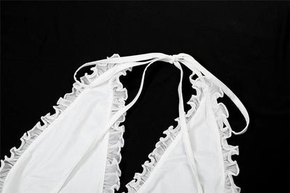 Halter ruffle ruched mesh flower applique maxi dress