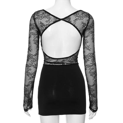 Long sleeve lace crewneck patchwork ruched mini dress