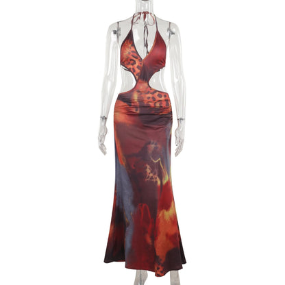 Halter self tie deep V neck leopard print maxi dress