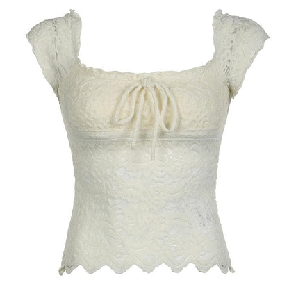 Cap sleeve square neck bowknot lace ruffle top