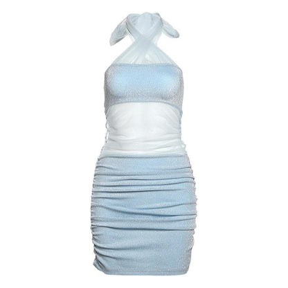 Halter glitter mesh ruched mini dress