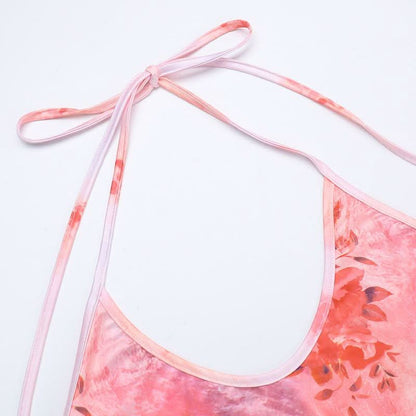 U neck halter butterfly applique print slit maxi dress