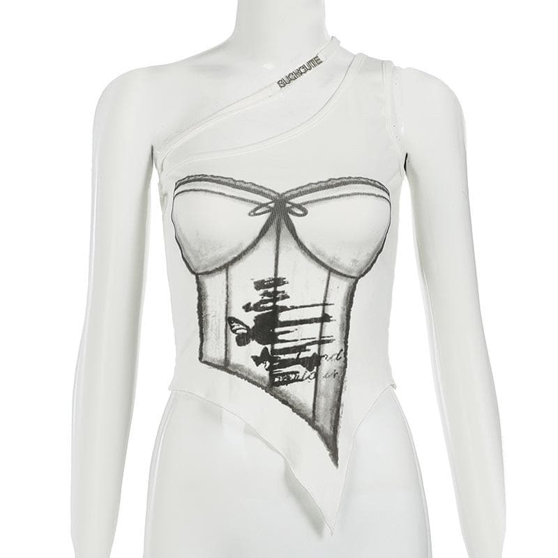 One shoulder print metal applique top