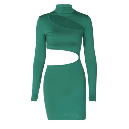 Mock Neck Long Sleeve Asymmetrical Cutout Bodycon Mini Dress
