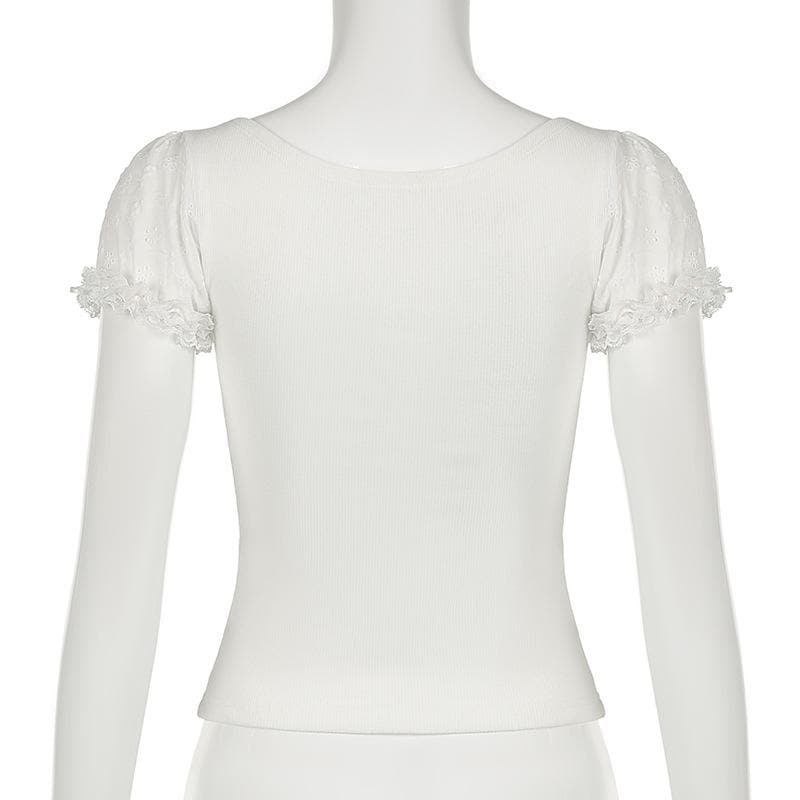 Short puff sleeve bowknot ruffle ribbed top