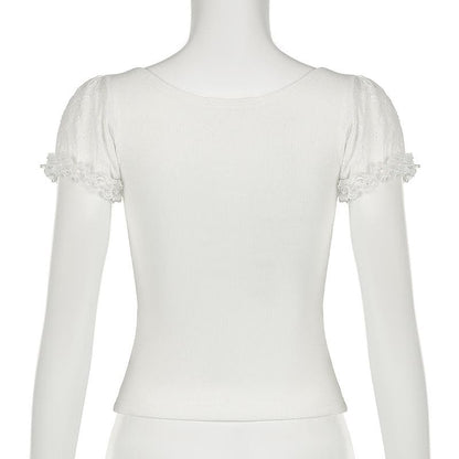Short puff sleeve bowknot ruffle ribbed top