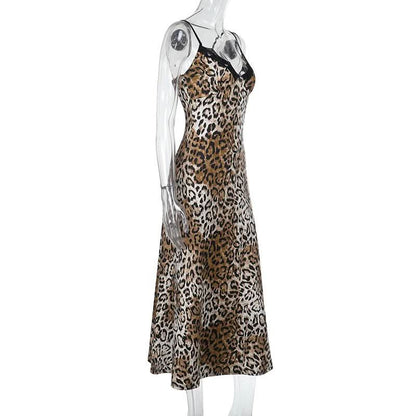 Lace hem v neck leopard print cami midi dress