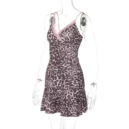 Leopard print v neck lace hem cami mini dress