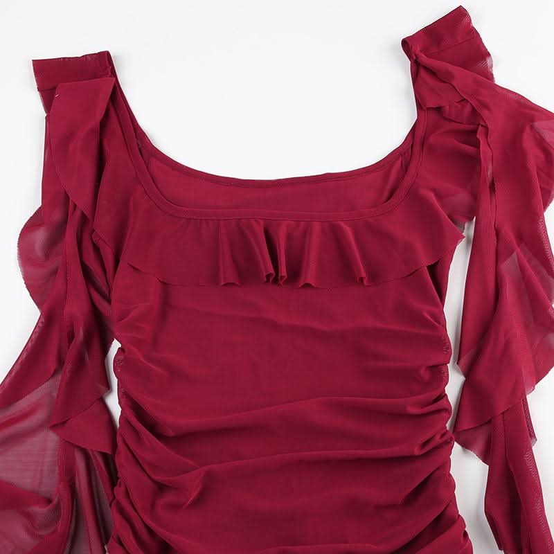 Square neck ruffle mesh ruched cami mini dress