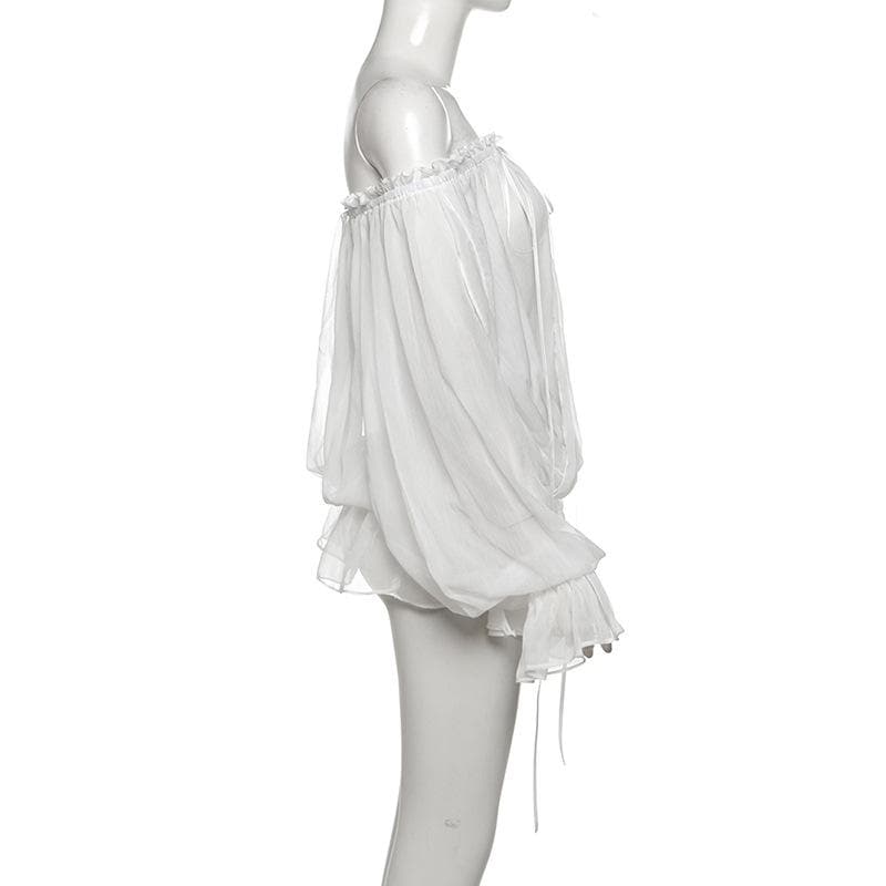 One shoulder chiffon long sleeve ribbon top