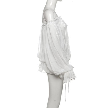 One shoulder chiffon long sleeve ribbon top