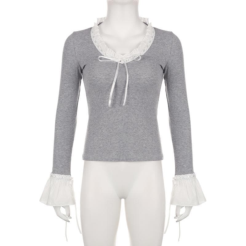 Flared sleeve ruffle patchwork long sleeve contrast top