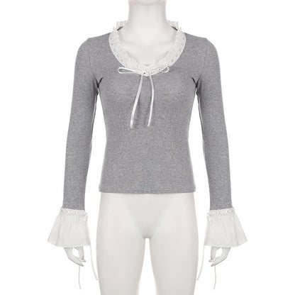 Flared sleeve ruffle patchwork long sleeve contrast top