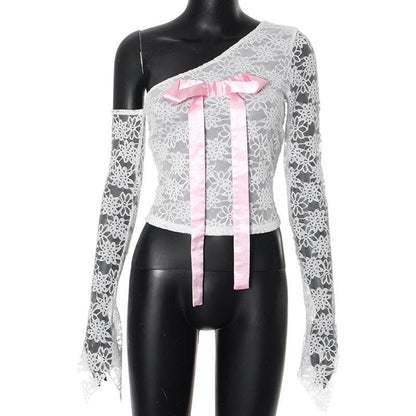 Long flared sleeve bowknot one shoulder lace top