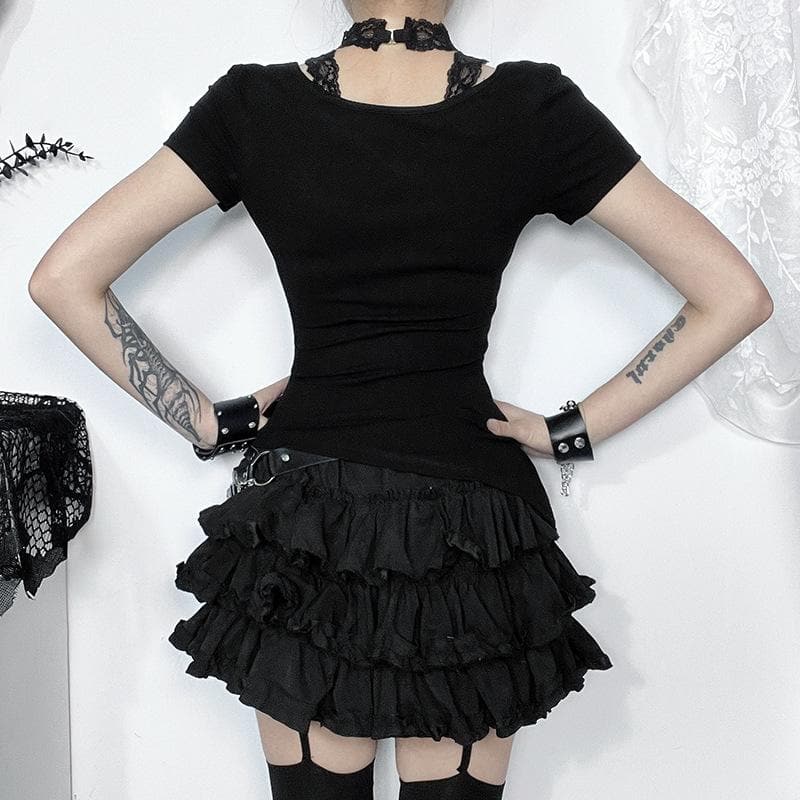 Short sleeve u neck halter lace irregular top