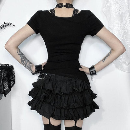 Short sleeve u neck halter lace irregular top