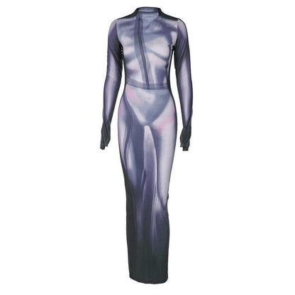 Mock Neck Long Sleeve Thumbhole Bikini Silhouette Body Print Bodycon Maxi Dress