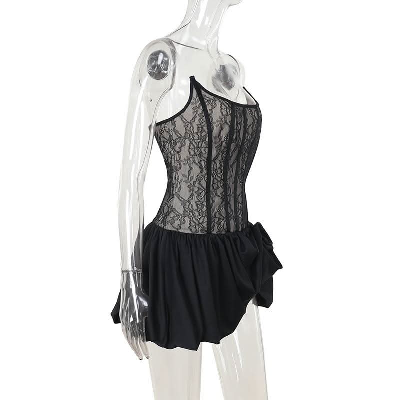 U neck corset lace patchwork tube mini dress