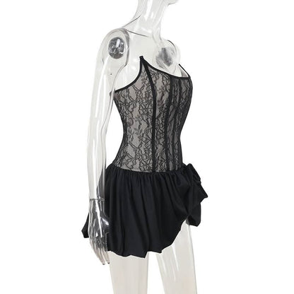 U neck corset lace patchwork tube mini dress