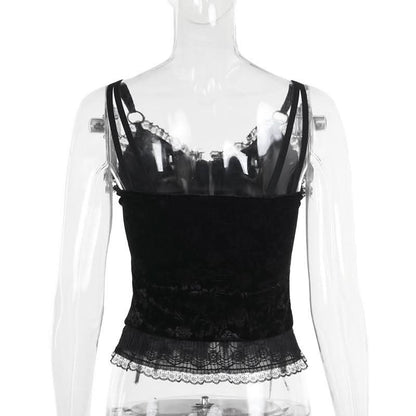 V neck lace hem zip-up ruffle lace up cami top