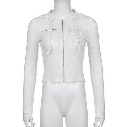 Ribbed solid zip-up hoodie long sleeve crop top