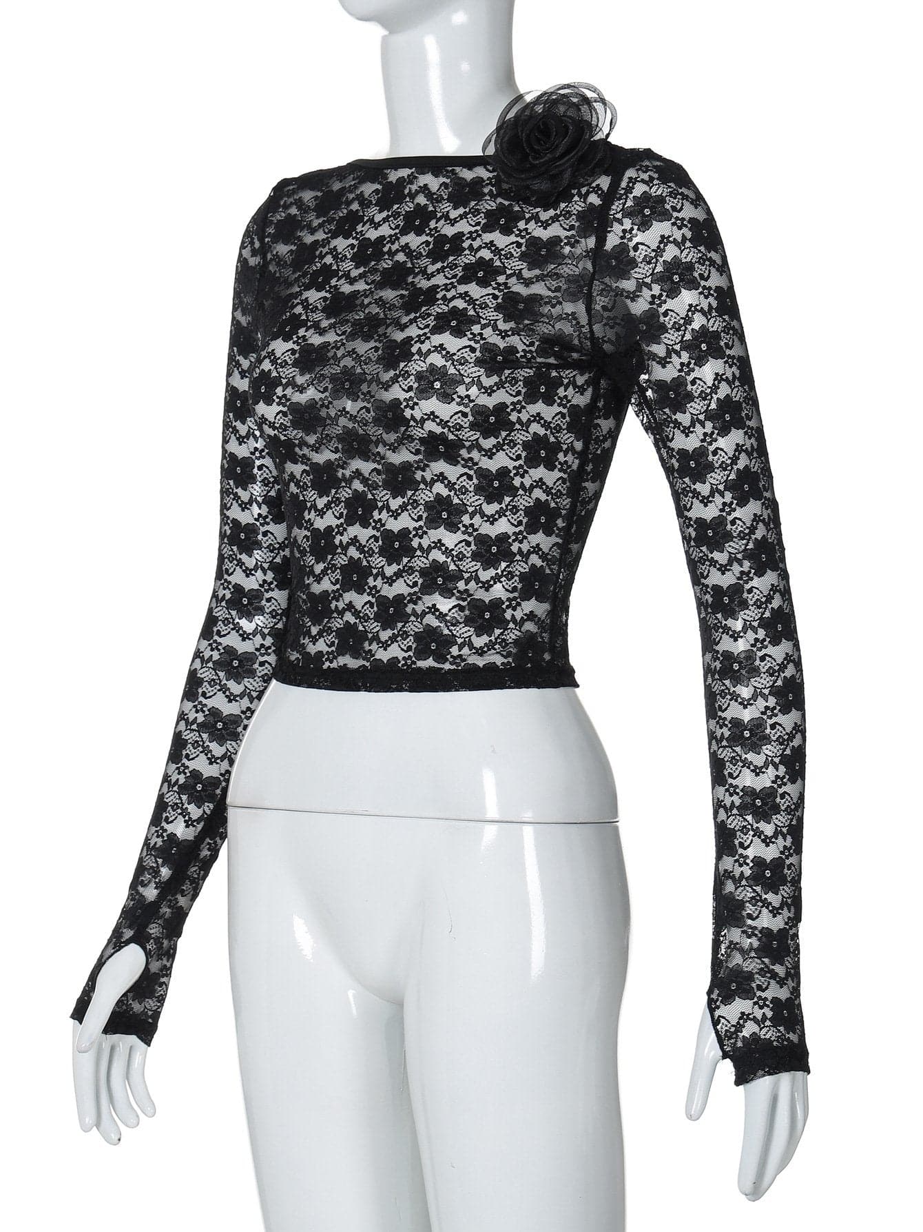 Long sleeve lace flower applique backless top